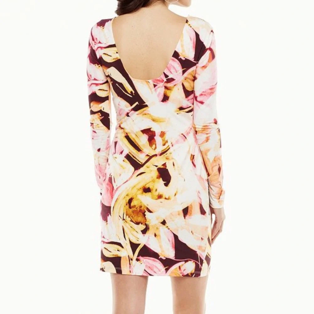 Jennifer Lopez Pink and Peach Floral Long Sleeve Bodycon Dress Size Large - Picture 2 of 7